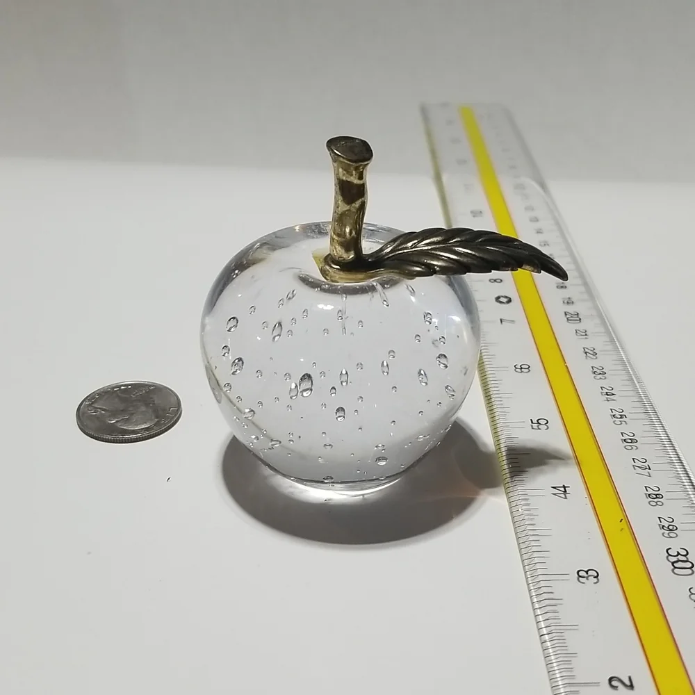 Vintage Art Glass Apple Paperweight Bullicante Controlled Bubbles Gold Stem